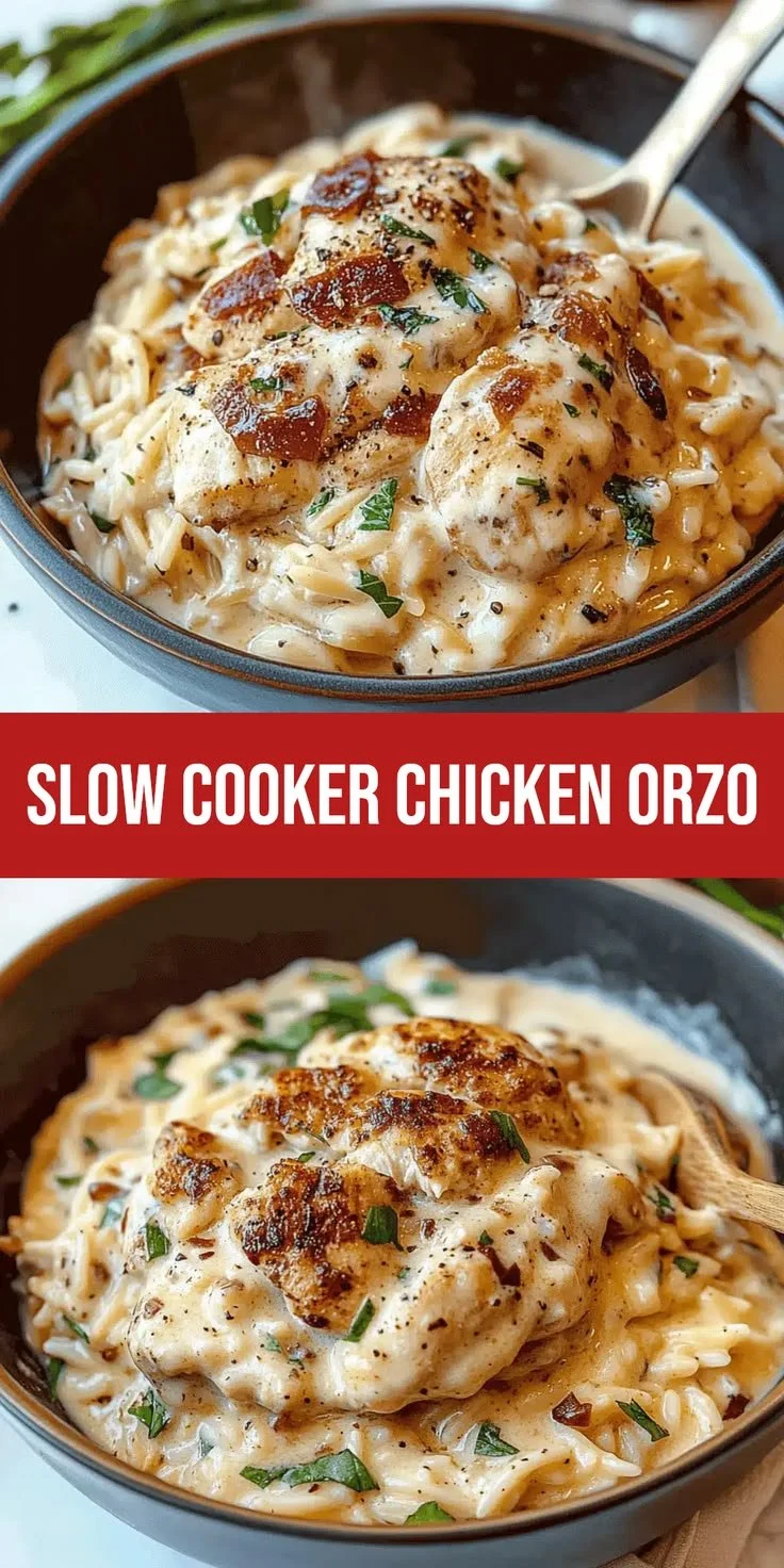 Delicious slow cooker chicken orzo in a bowl with fresh herbs