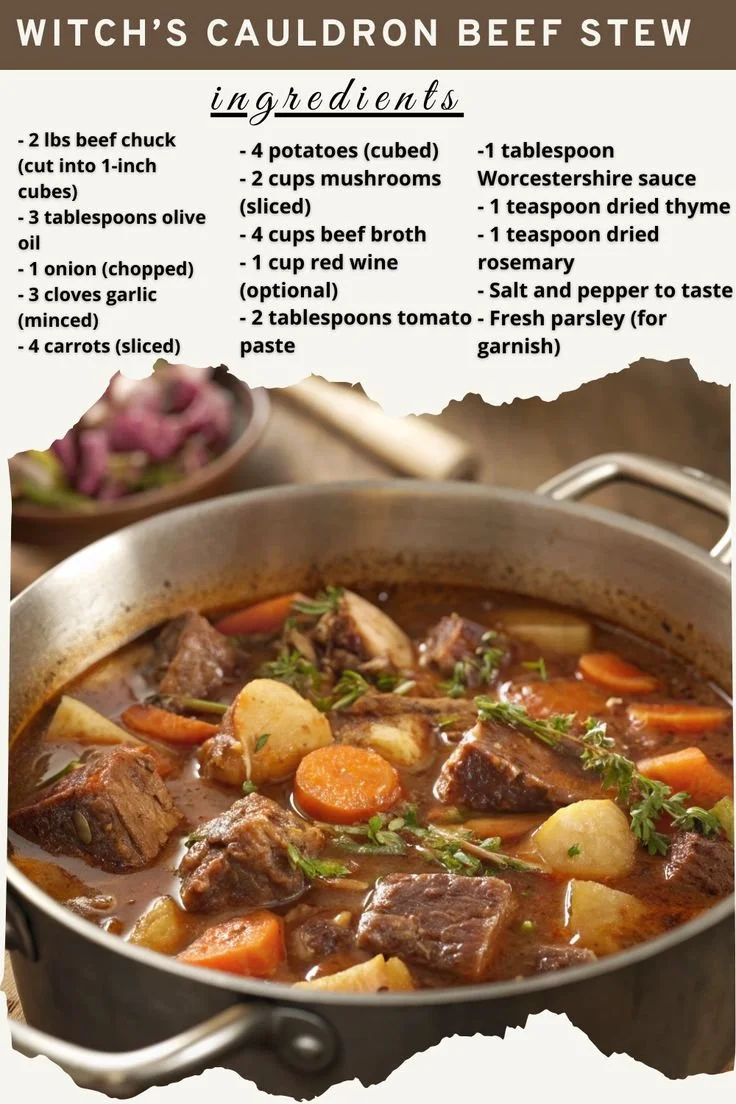 A bubbling Witch’s Cauldron filled with delicious Beef Stew ingredients.
