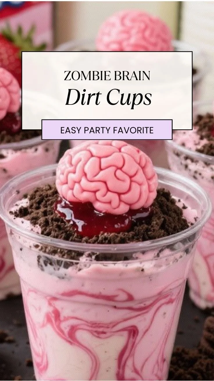 Zombie Brain Dirt Cups Halloween dessert with creepy decorations